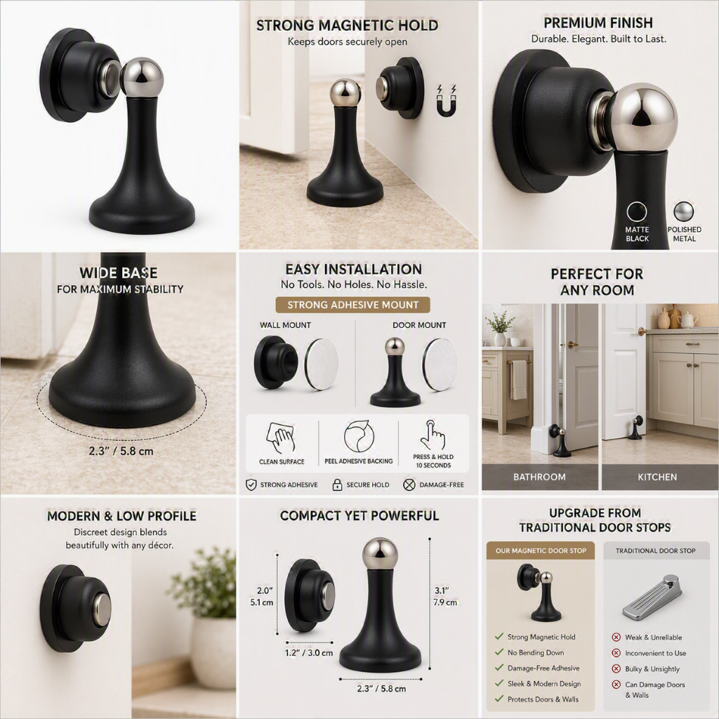 No-Drill Magnetic Door Stopper | Floor or Wall Mount